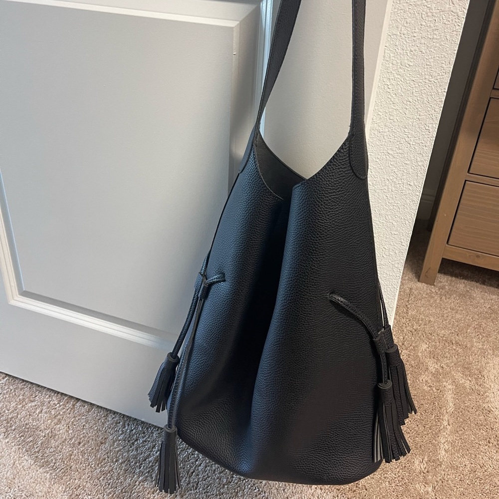 Large authentic black leather bucket bag
